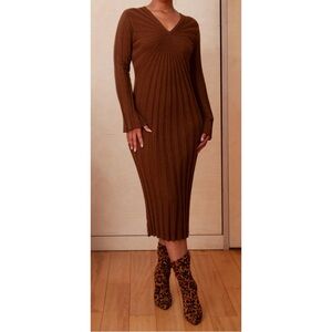 KERISMA NWT Long Sleeve Sunburst Ribbed Wool Blend Midi Sweater Dress *Pine Cone
